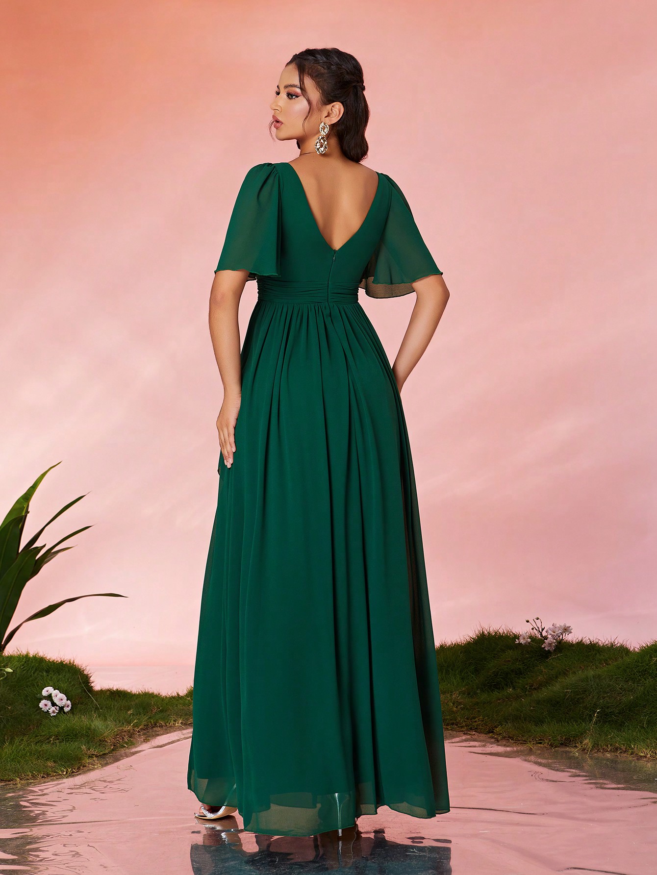 Leely Elegant V Neck Flounce Sleeve Party Dress