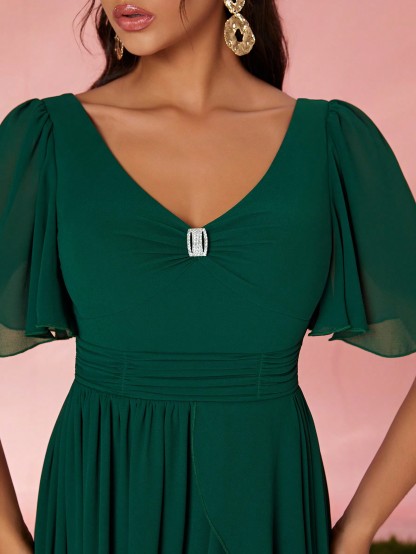 Leely Elegant V Neck Flounce Sleeve Party Dress