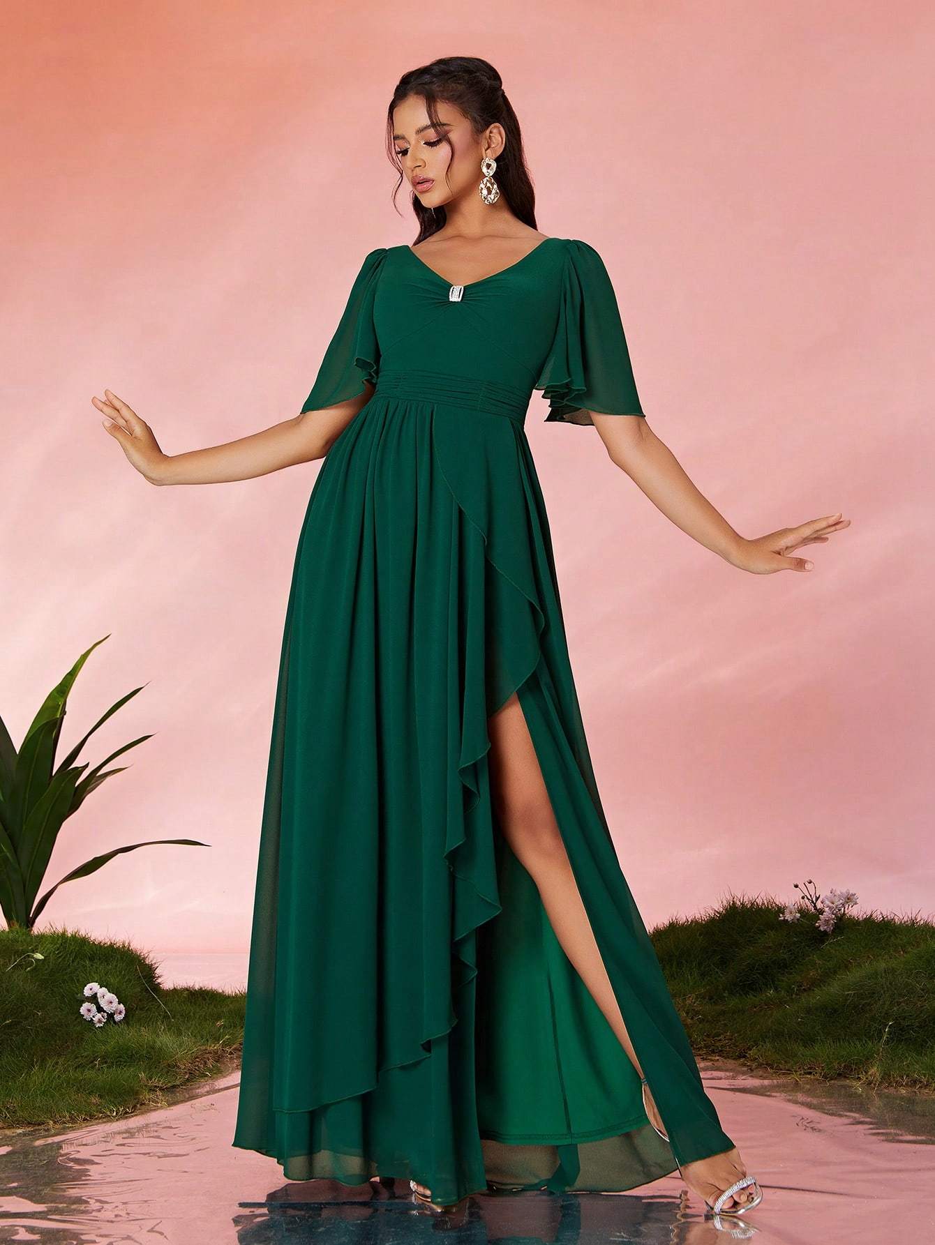 Leely Elegant V Neck Flounce Sleeve Party Dress