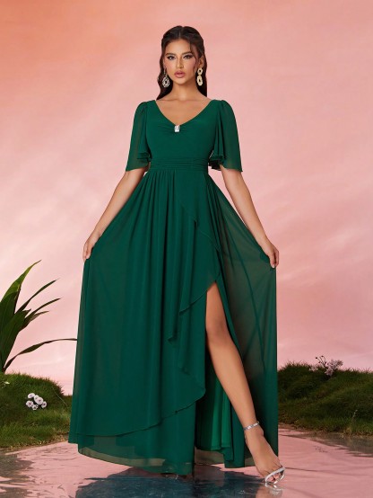 Leely Elegant V Neck Flounce Sleeve Party Dress