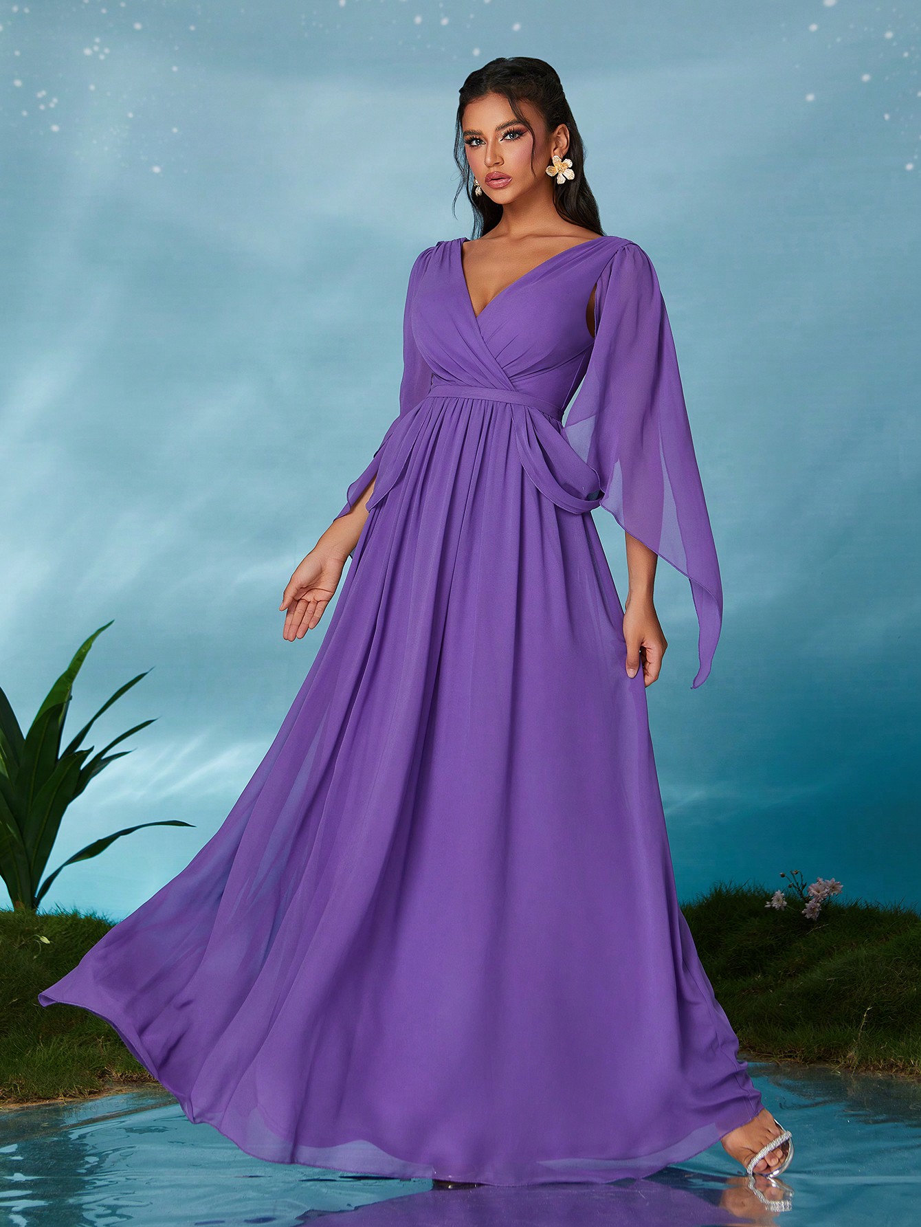 Leely Women's Elegant Sweetheart Cloak Sleeve Lace A-Line Dress