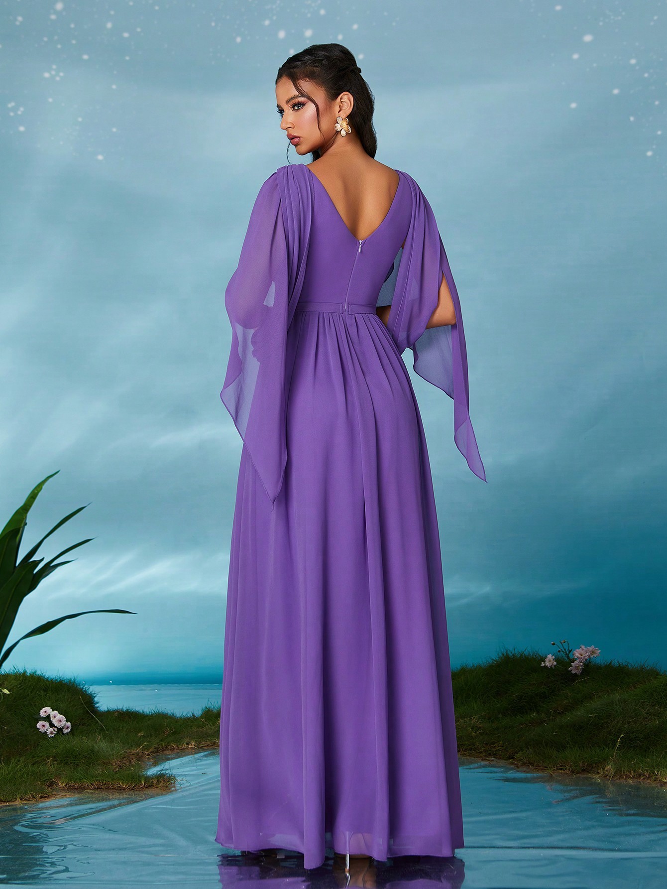 Leely Elegant V Neck Flounce Sleeve Party Dress