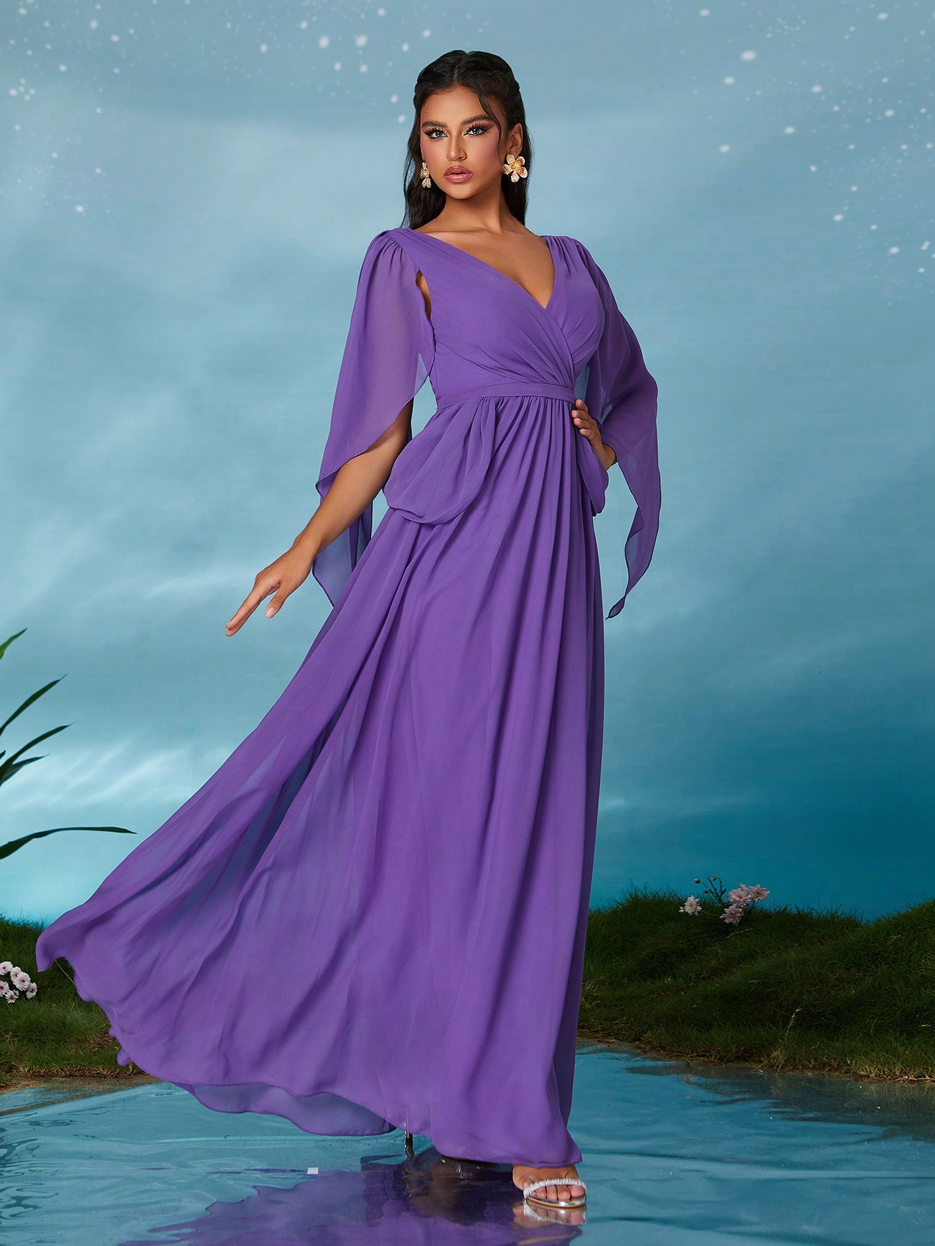 Leely Elegant V Neck Flounce Sleeve Party Dress