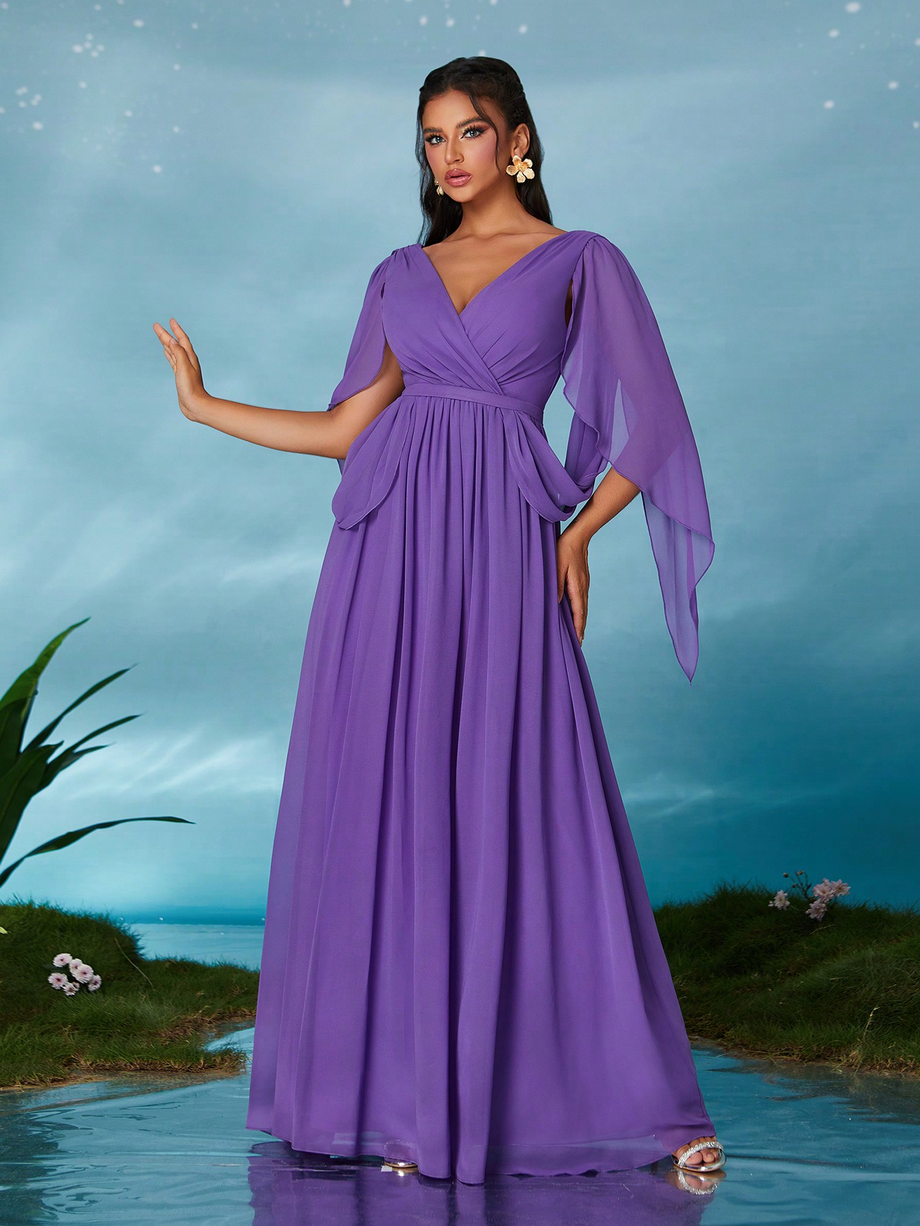 Leely Elegant V Neck Flounce Sleeve Party Dress