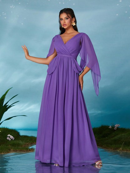 Leely Elegant V Neck Flounce Sleeve Party Dress