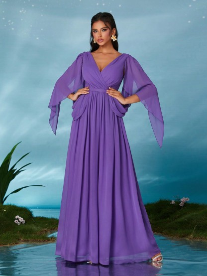 Leely Elegant V Neck Flounce Sleeve Party Dress