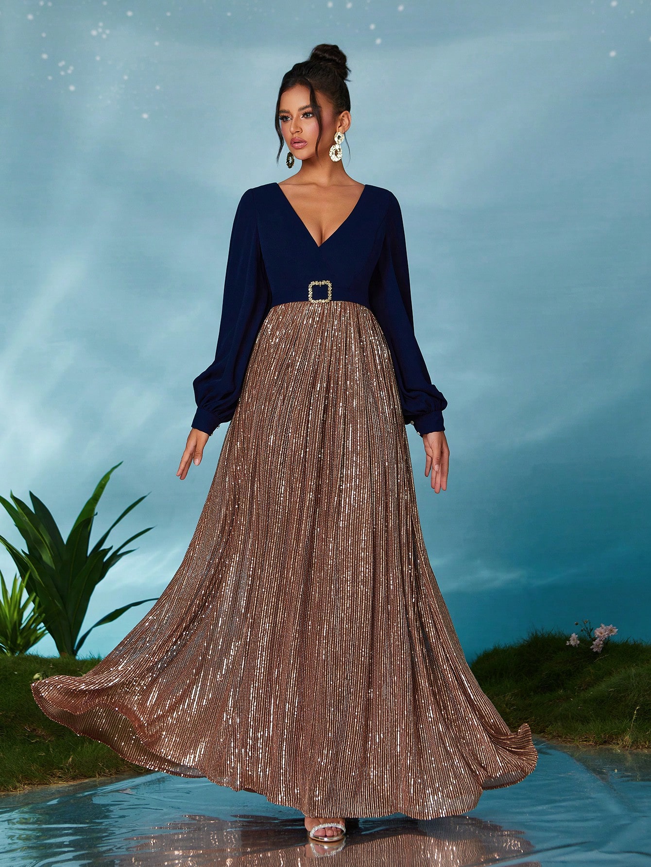 Leely Elegant V Neck Bishop Sleeve Prom Dress