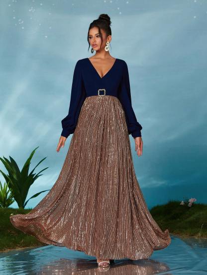 Leely Elegant V Neck Bishop Sleeve Prom Dress
