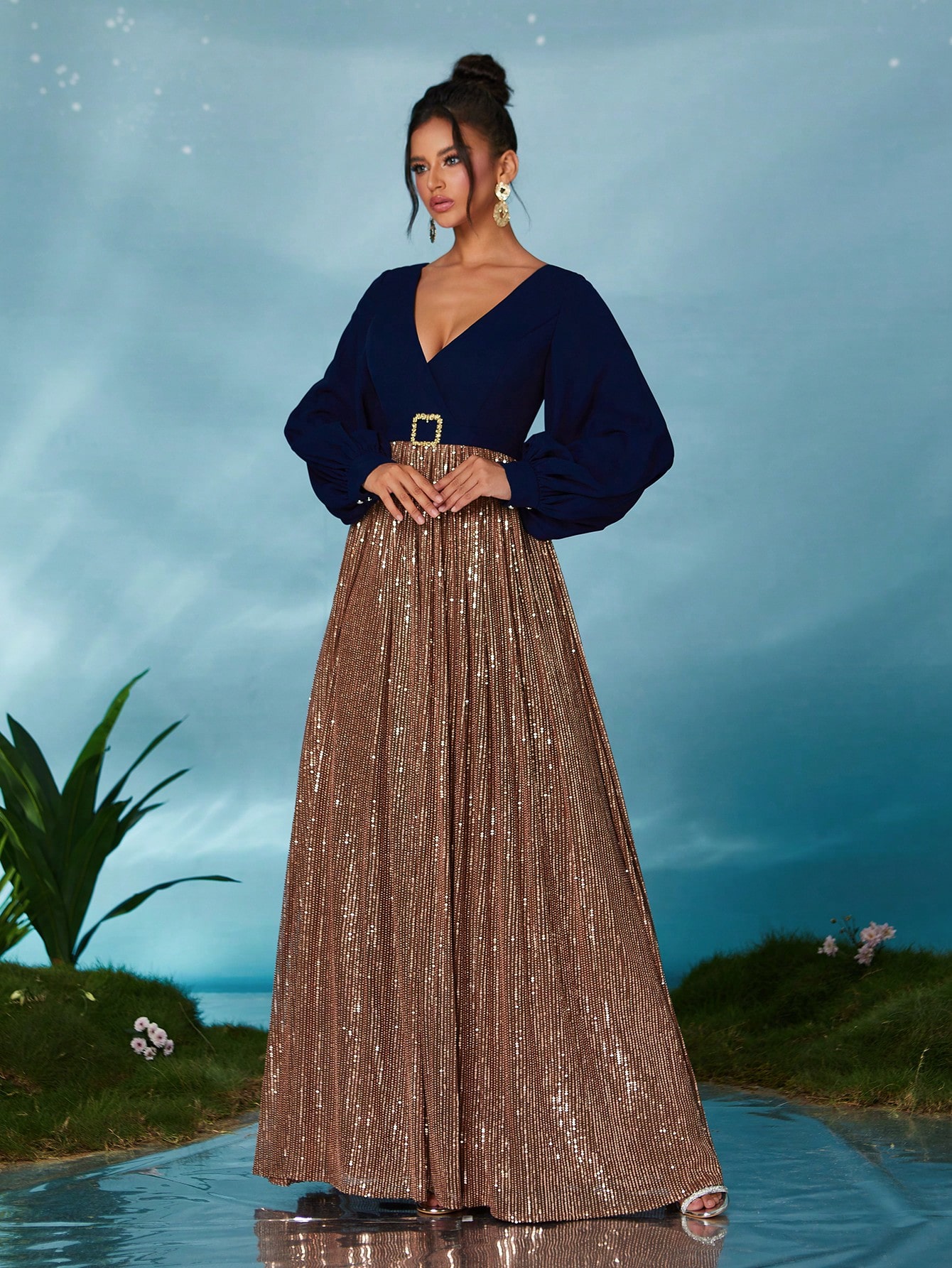 Leely Elegant V Neck Bishop Sleeve Prom Dress