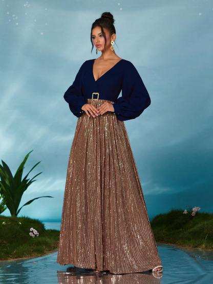 Leely Elegant V Neck Bishop Sleeve Prom Dress