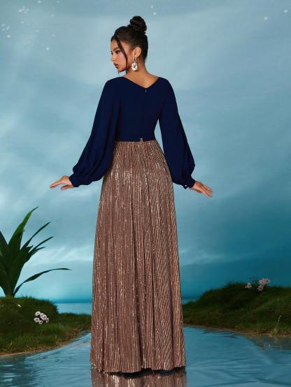 Leely Elegant V Neck Bishop Sleeve Prom Dress