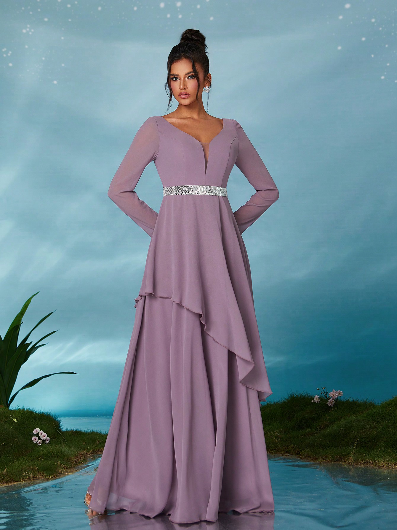 Leely Elegant V Neck Long Sleeve Party Dress