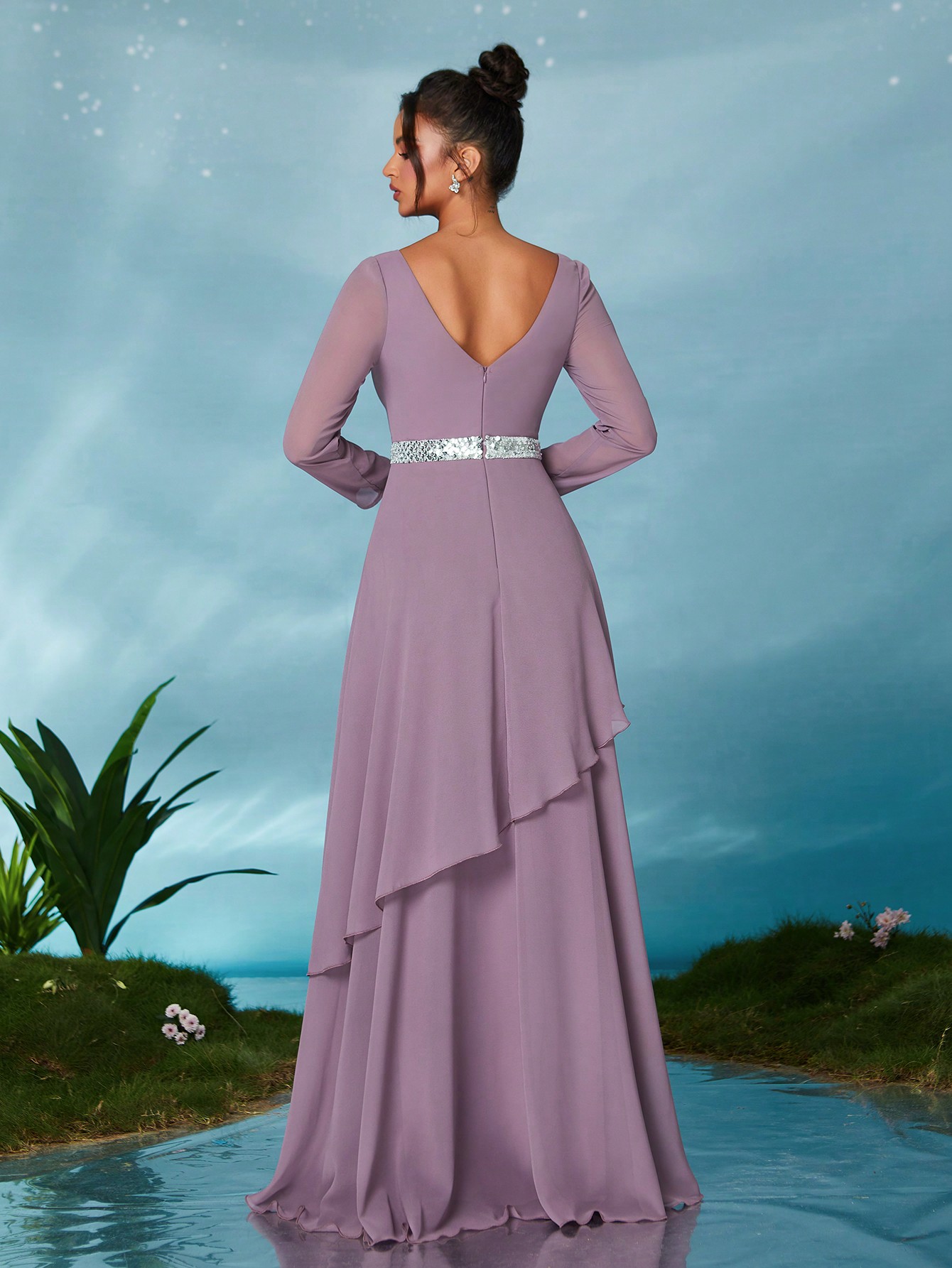 Leely Elegant V Neck Long Sleeve Party Dress