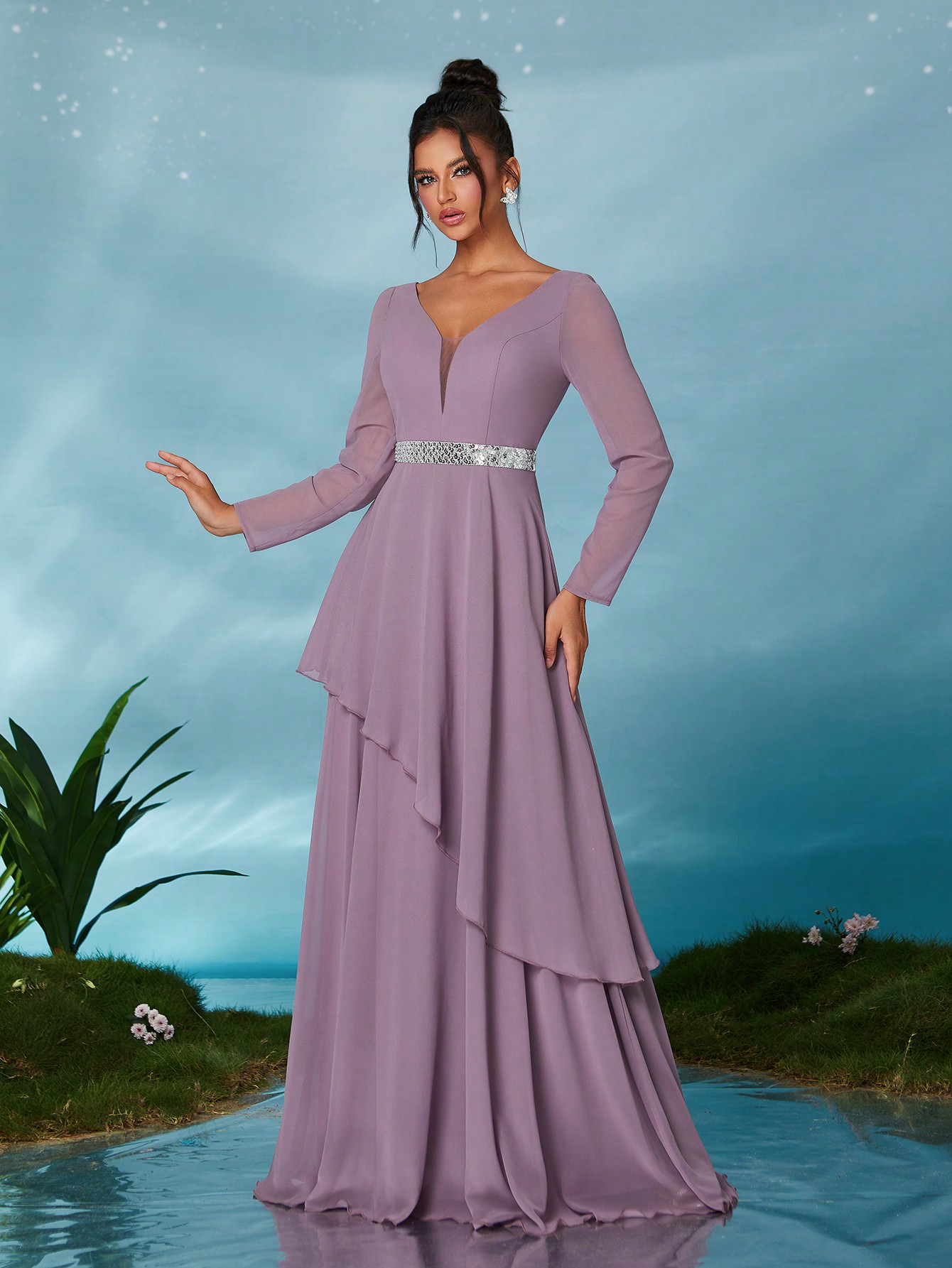 Leely Elegant V Neck Long Sleeve Party Dress