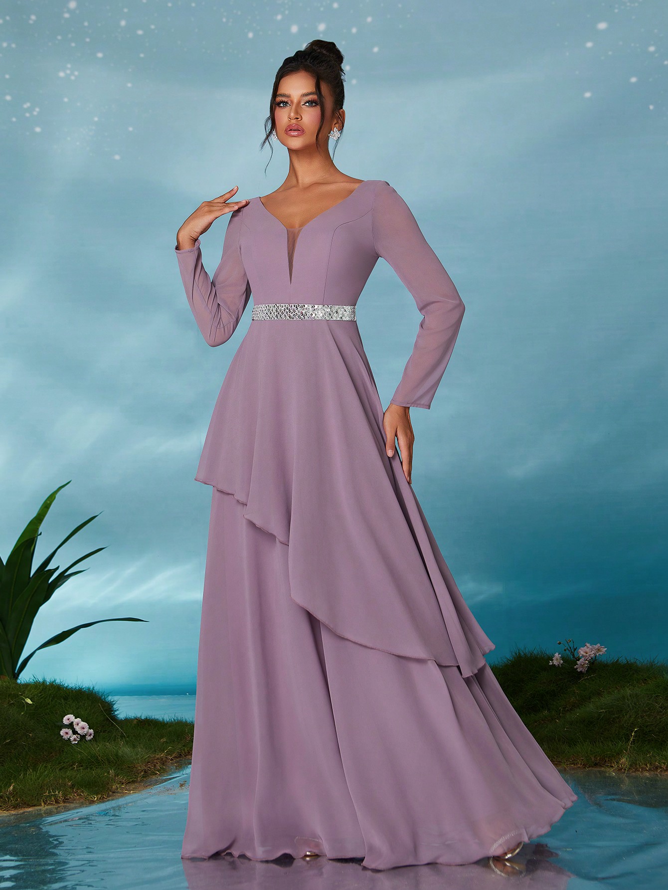 Leely Elegant V Neck Long Sleeve Party Dress
