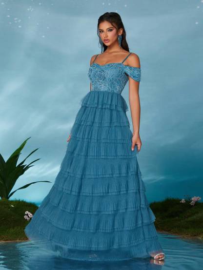 Leely Women's Elegant Sweetheart Cloak Sleeve Lace A-Line Dress