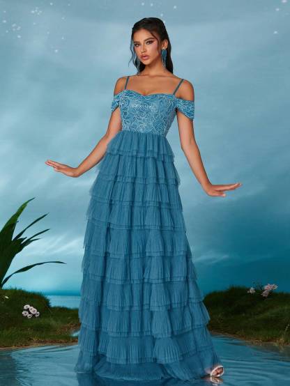 Leely Elegant Spaghetti Straps Cold Shoulder Party Dress