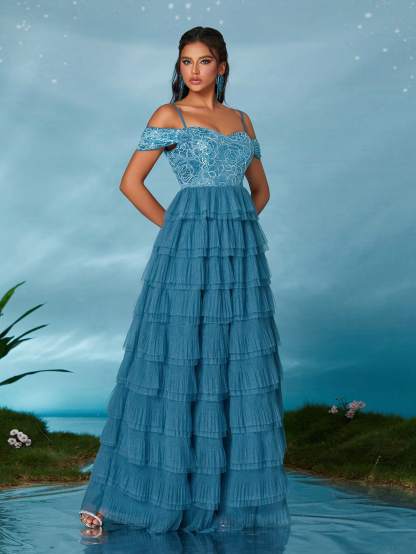 Leely Elegant Spaghetti Straps Cold Shoulder Party Dress