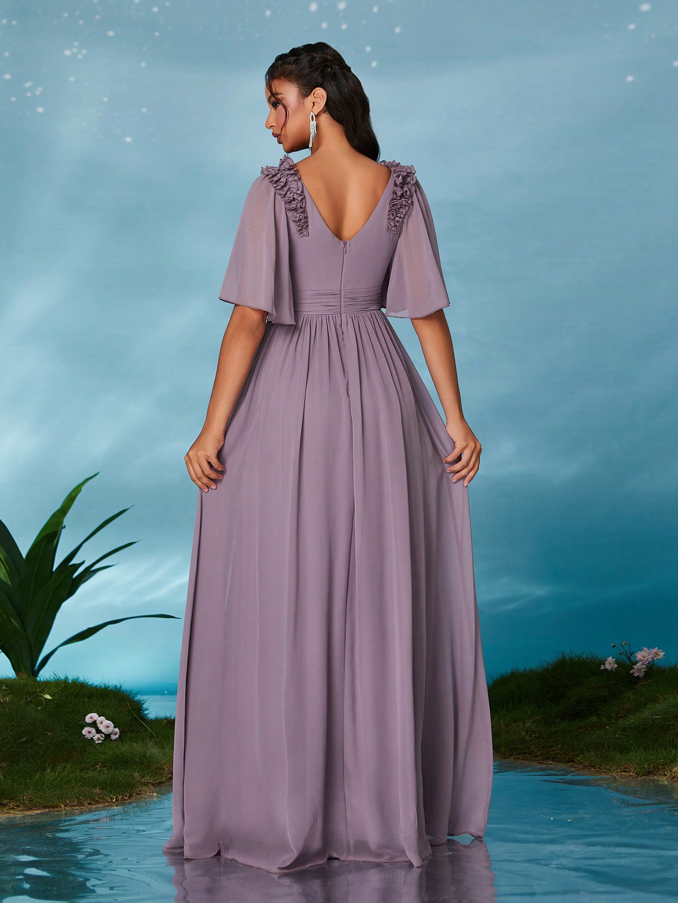 Leely Elegant V Neck Flounce Sleeve Party Dress