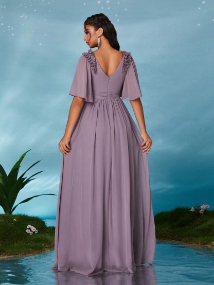 Leely Elegant V Neck Flounce Sleeve Party Dress
