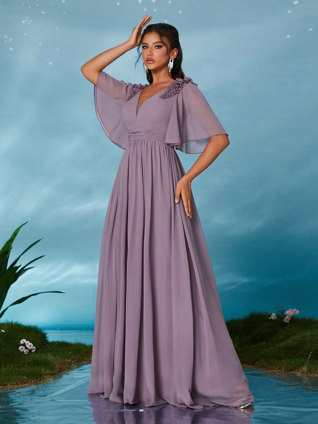 Leely Elegant V Neck Flounce Sleeve Party Dress