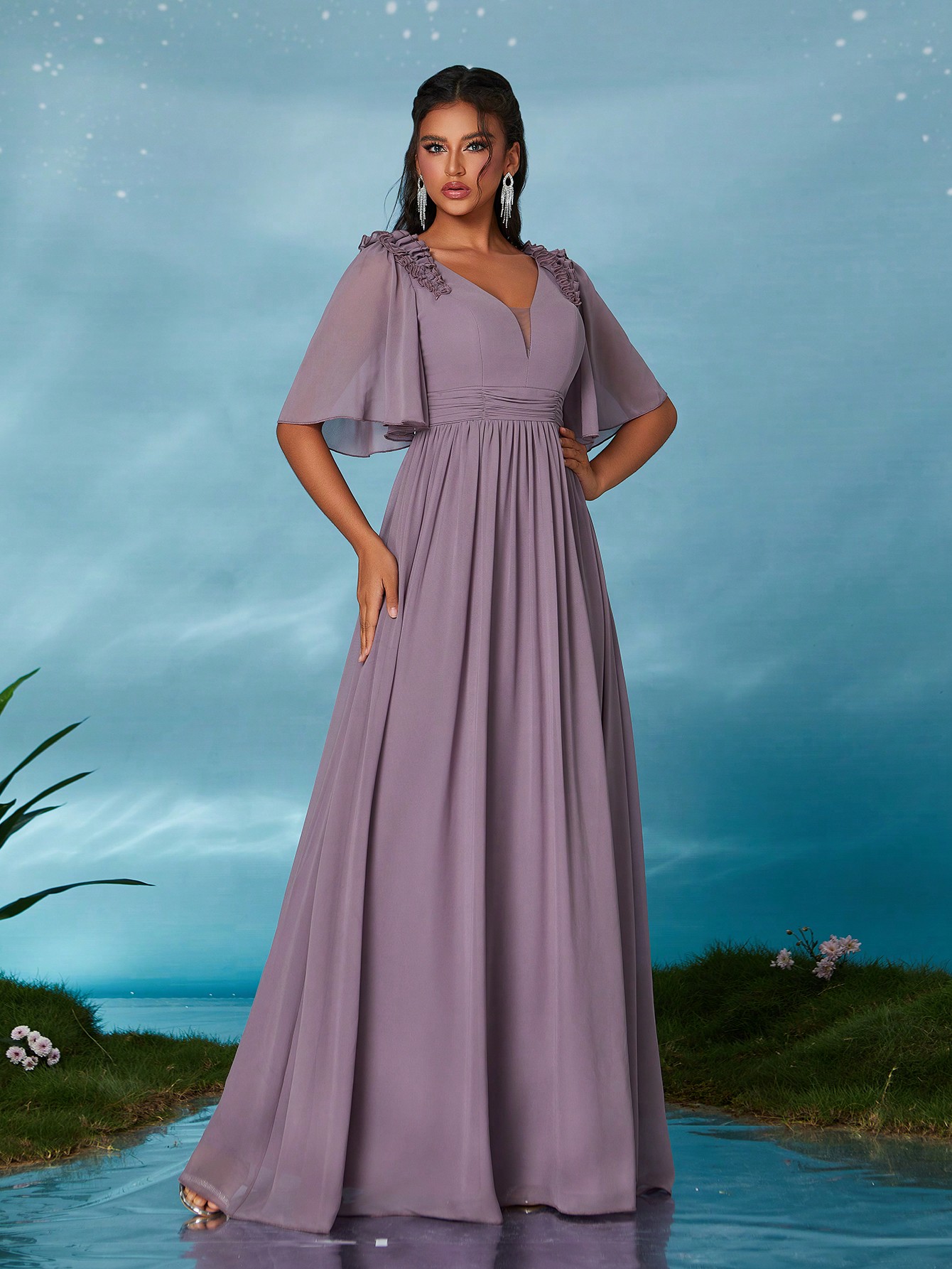 Leely Elegant V Neck Flounce Sleeve Party Dress