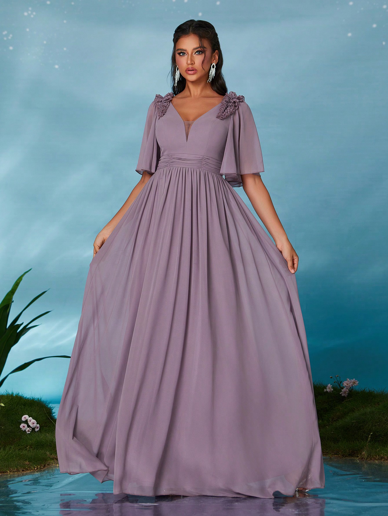 Leely Elegant V Neck Flounce Sleeve Party Dress