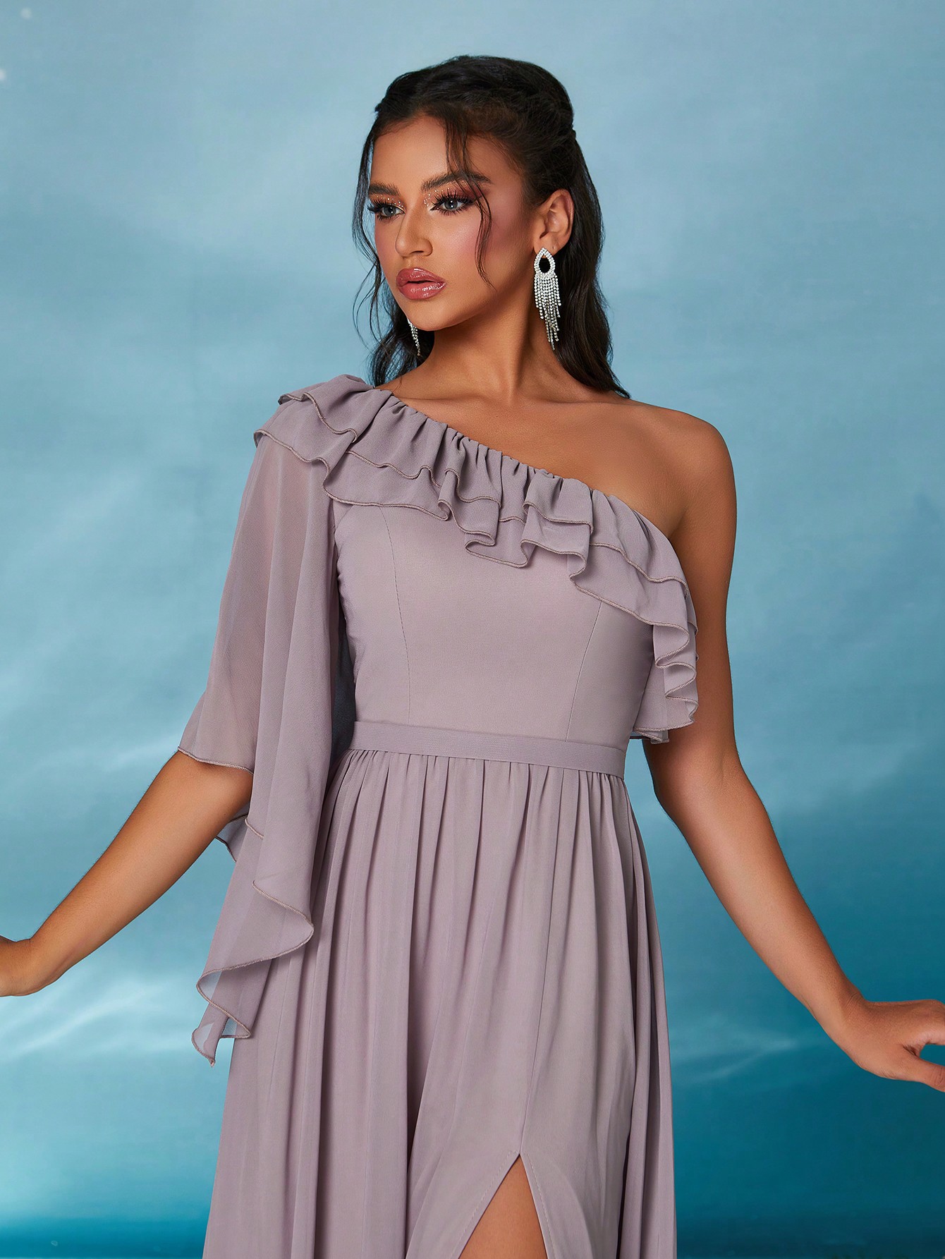 Leely Elegant Asymmetrical Neck Chiffon Party Dress