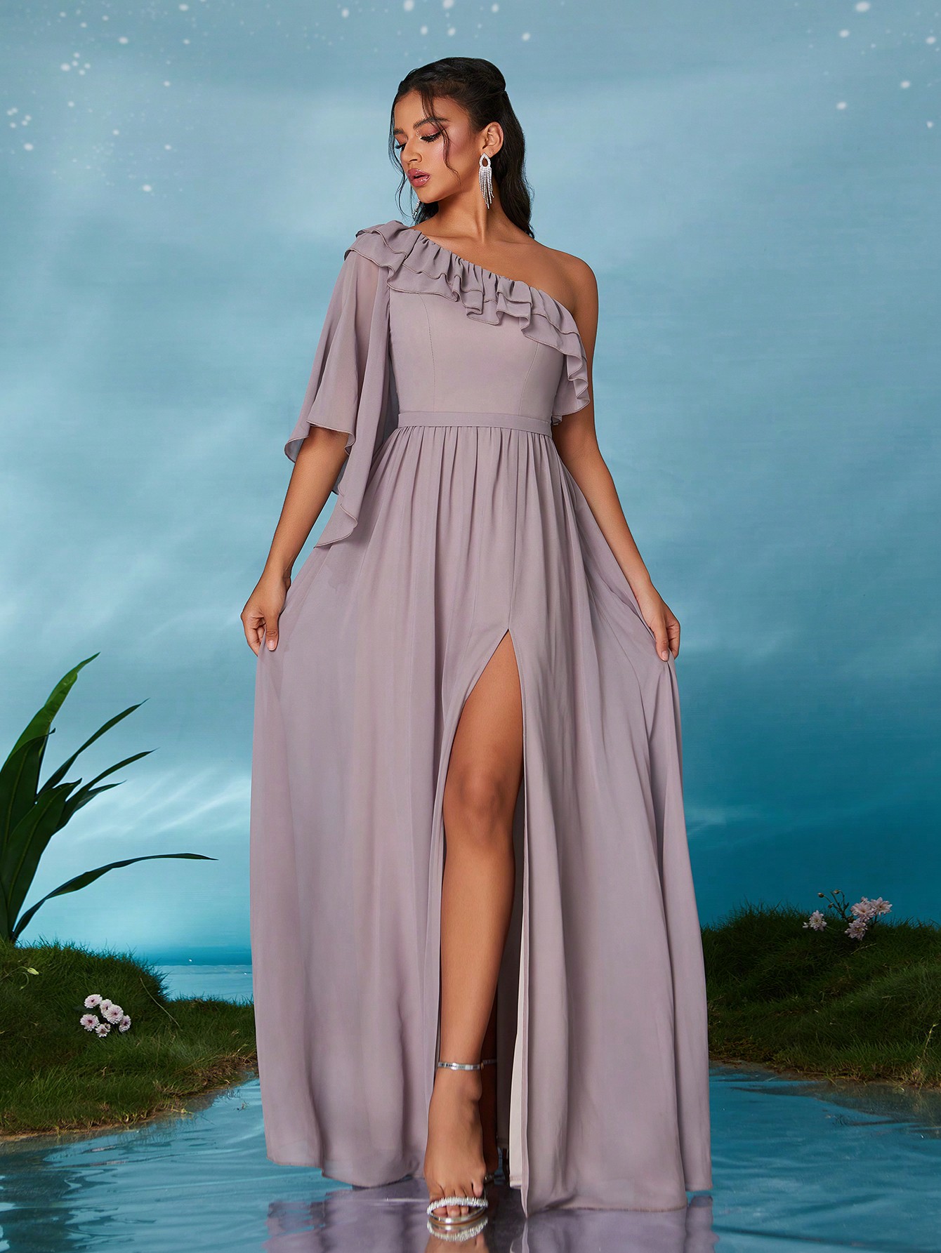 Leely Elegant Asymmetrical Neck Chiffon Party Dress