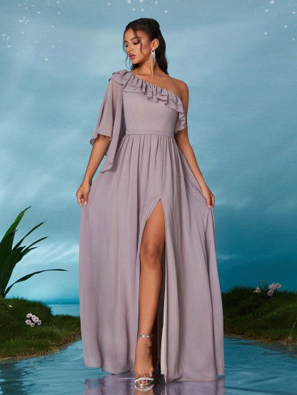 Leely Elegant Asymmetrical Neck Chiffon Party Dress