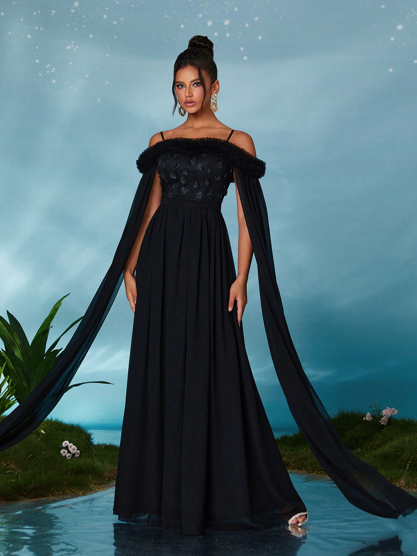 Leely Elegant Spaghetti Straps Extra-Long Sleeve Party Dress