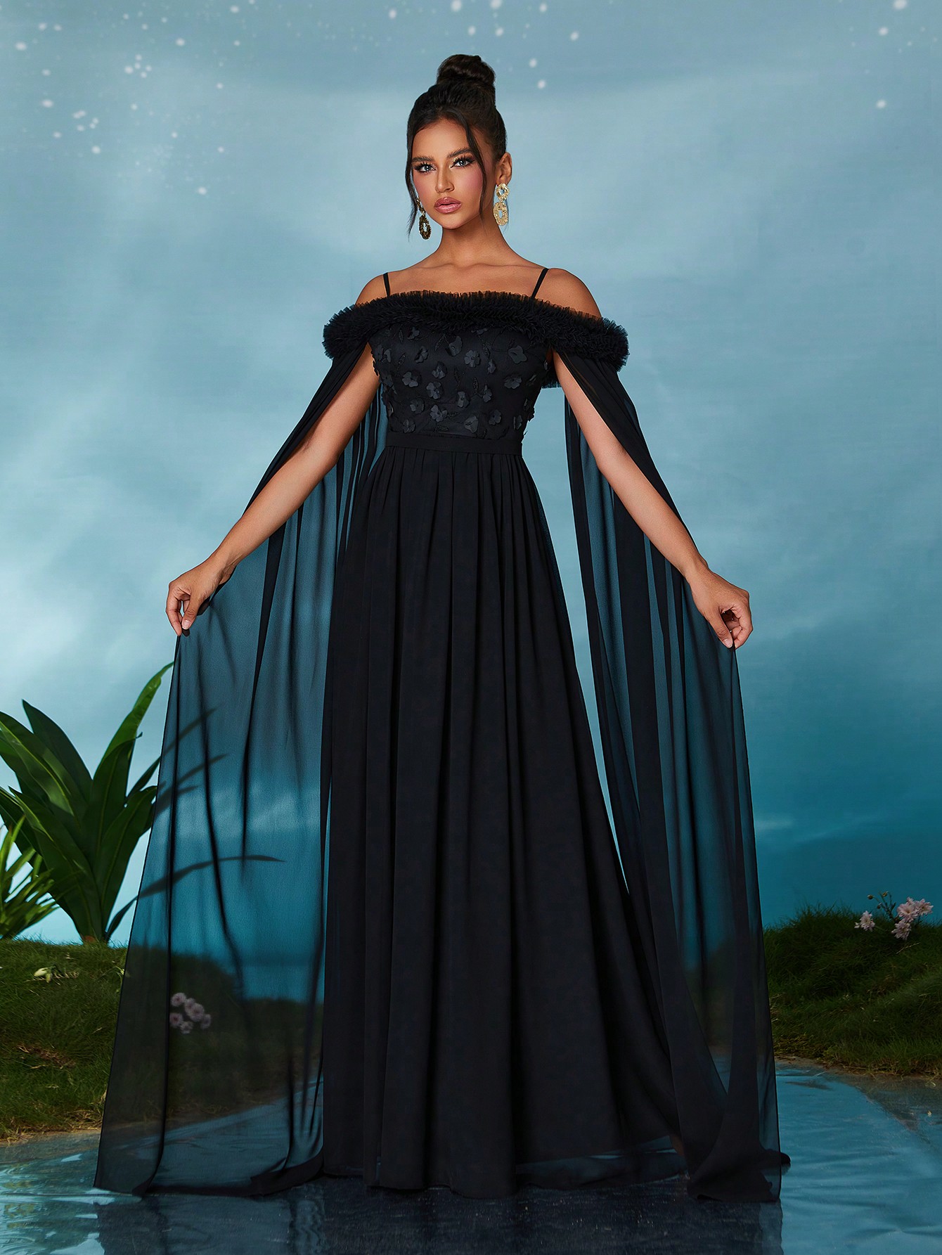 Leely Elegant Spaghetti Straps Extra-Long Sleeve Party Dress