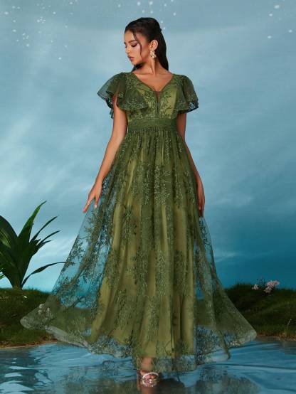 Leely Women's Elegant Sweetheart Cloak Sleeve Lace A-Line Dress