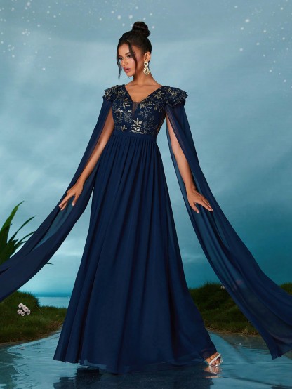 Leely Elegant V Neck Extra-Long Sleeve Party Dress