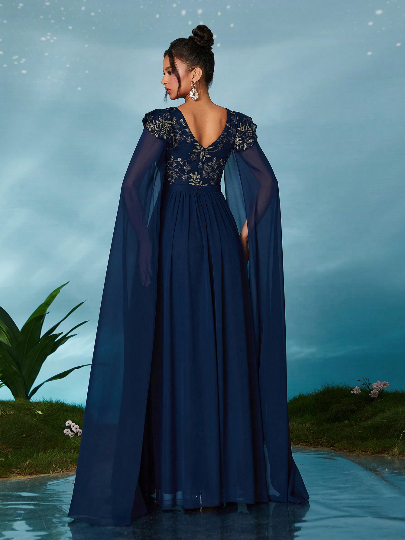 Leely Elegant V Neck Extra-Long Sleeve Party Dress