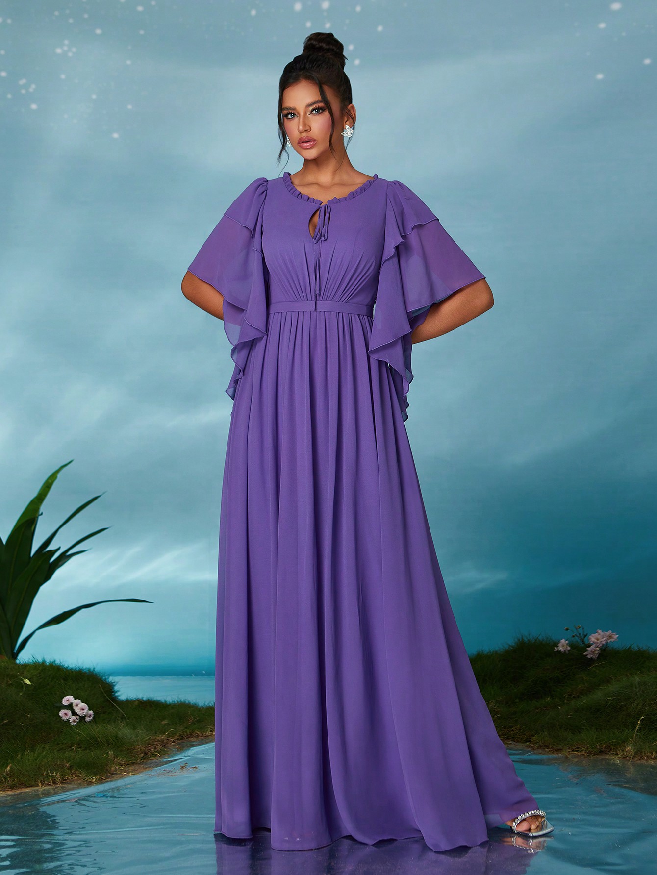 Leely Elegant Round Neck Flounce Sleeve Party Dress