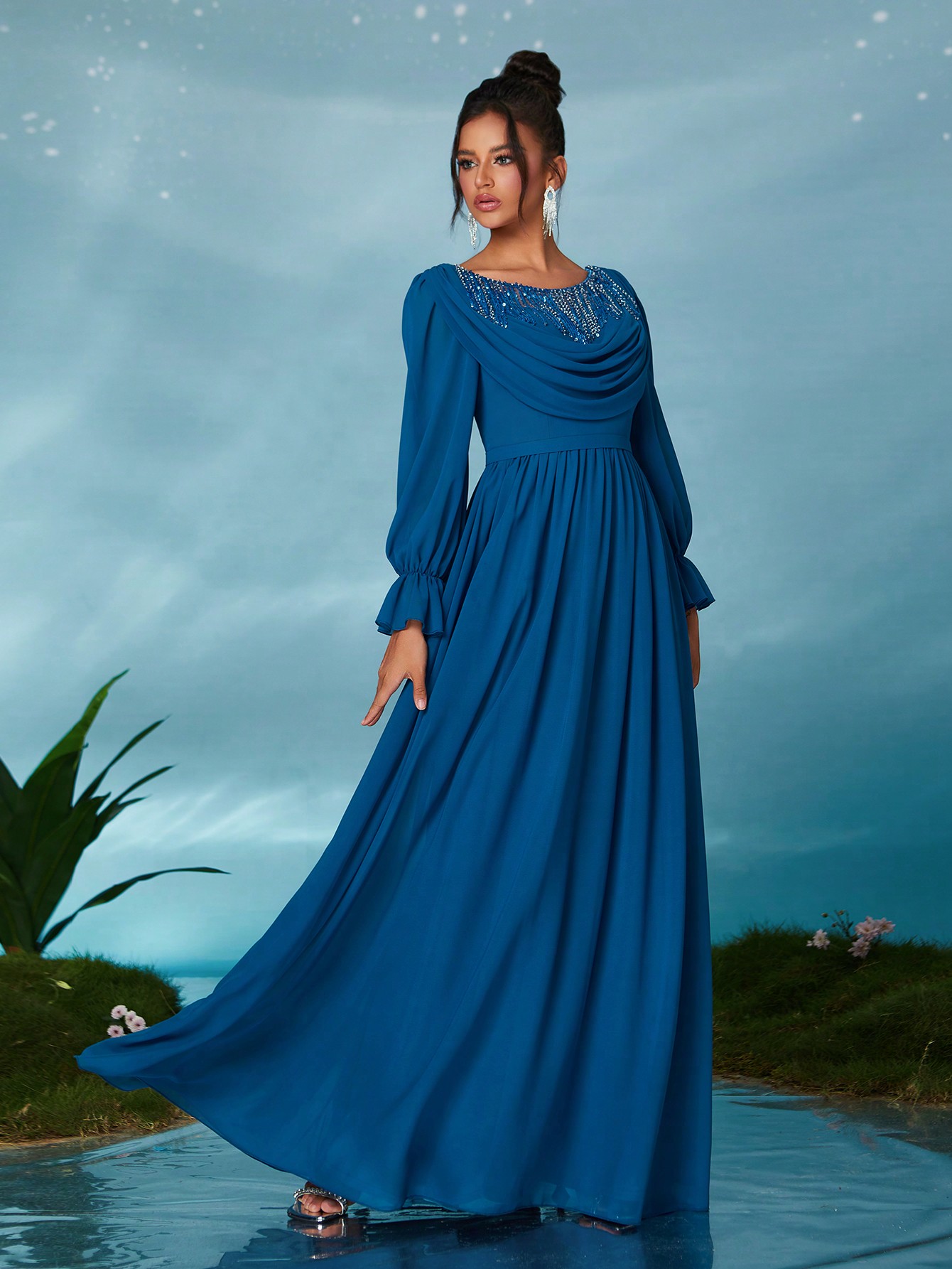 Leely Elegant Round Neck Bishop Sleeve Party Dress