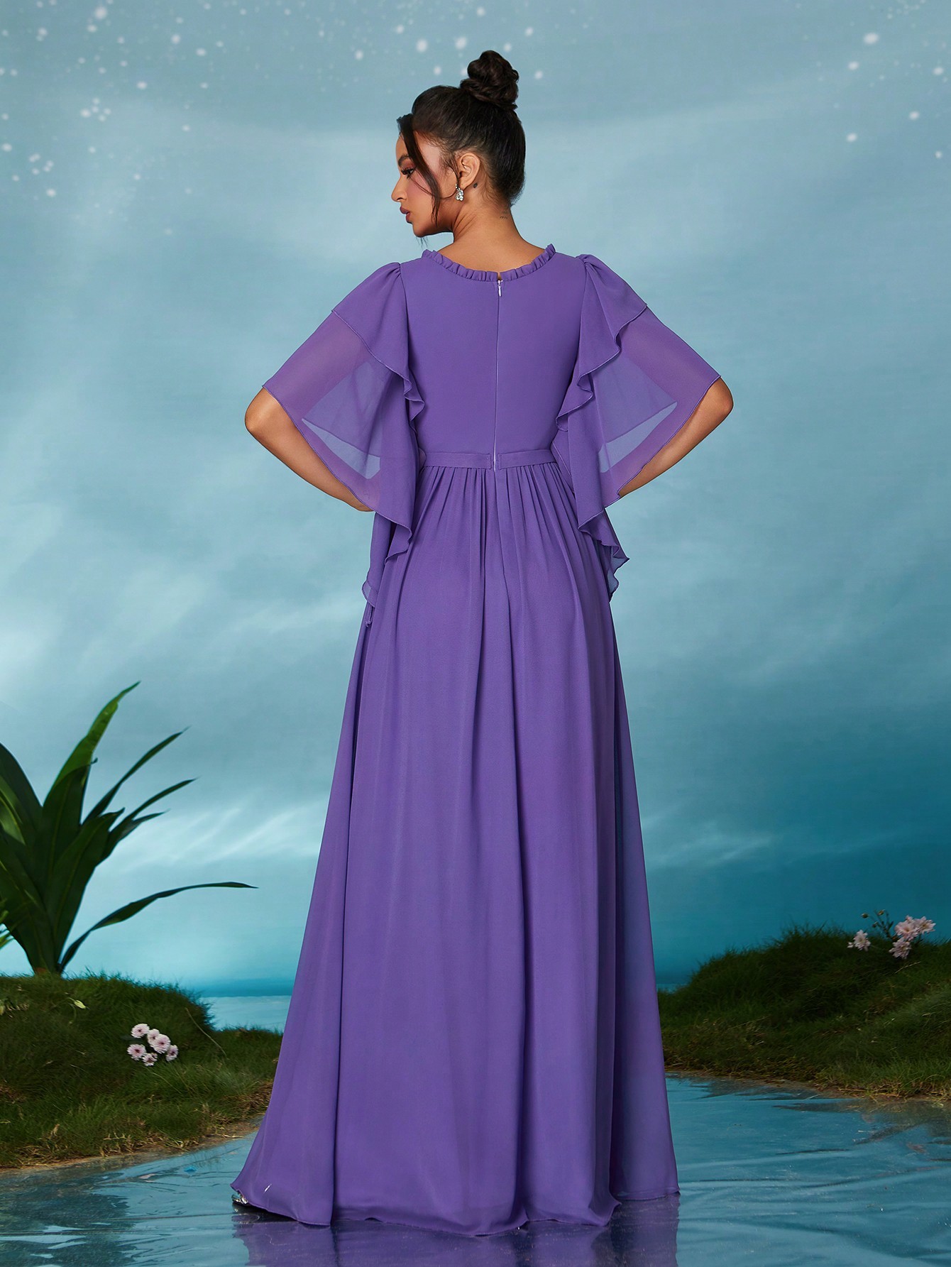 Leely Elegant Round Neck Flounce Sleeve Party Dress