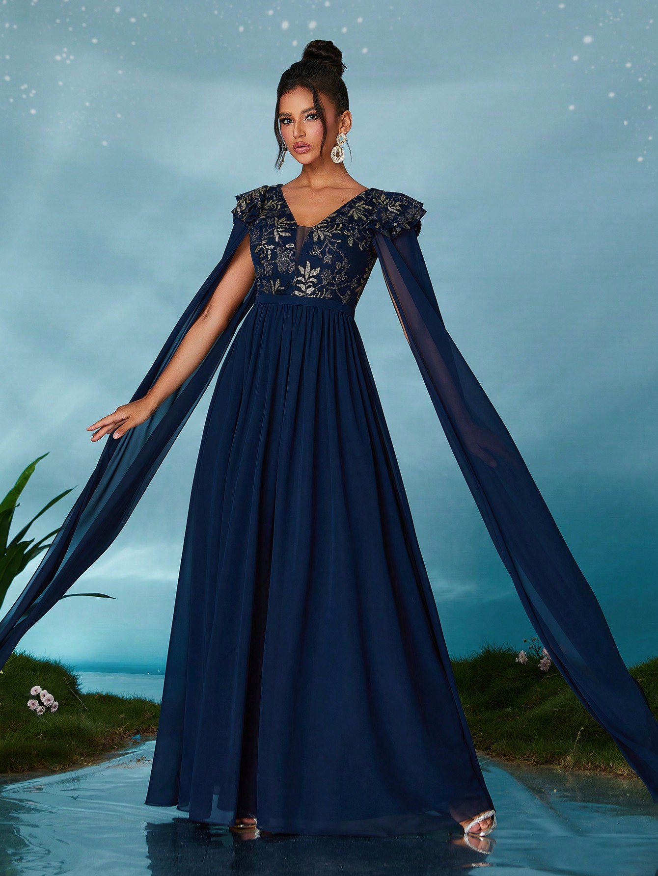 Leely Elegant V Neck Extra-Long Sleeve Party Dress