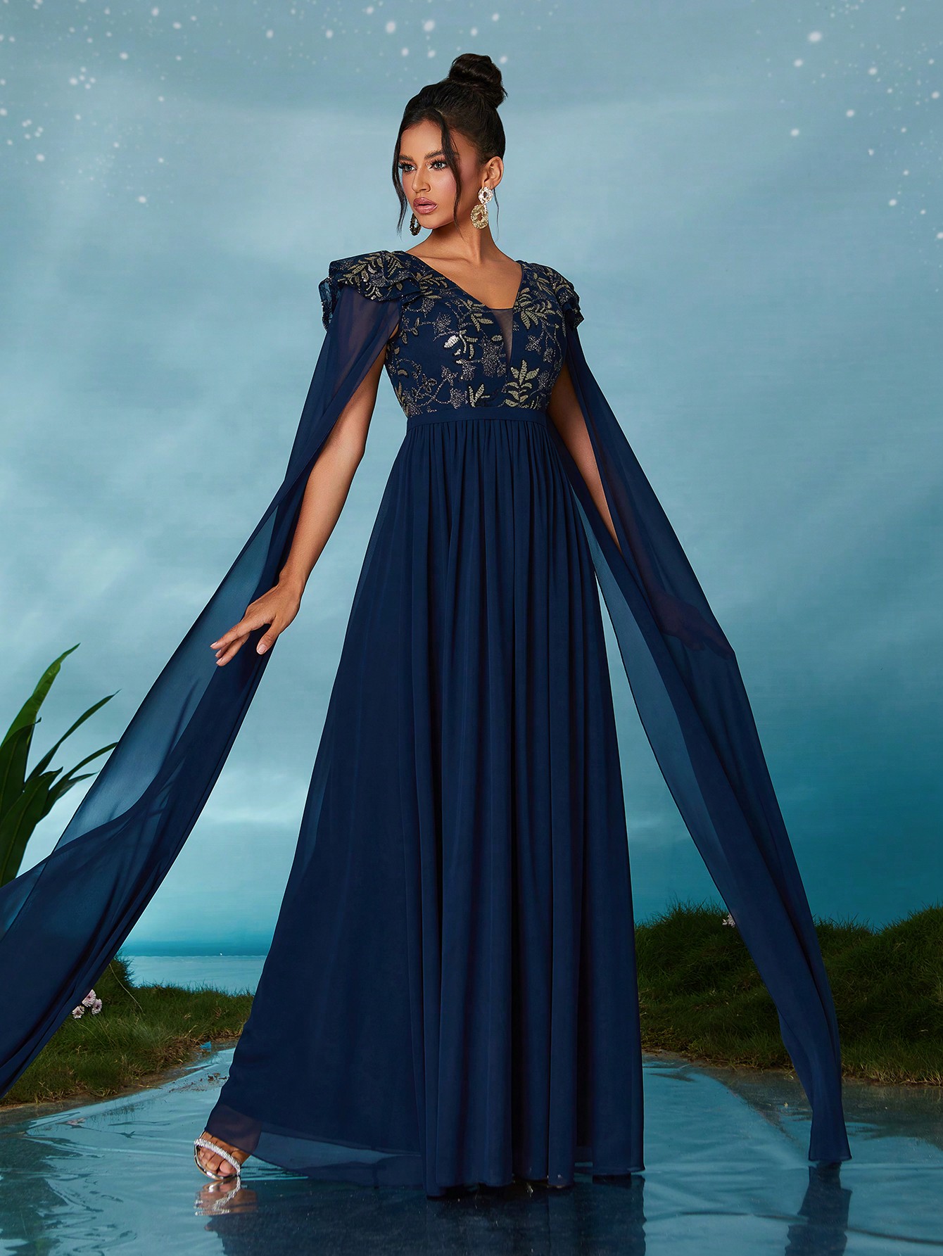 Leely Elegant V Neck Extra-Long Sleeve Party Dress