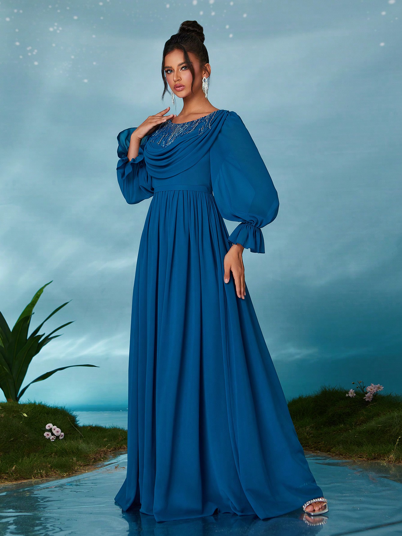Leely Elegant Round Neck Bishop Sleeve Party Dress