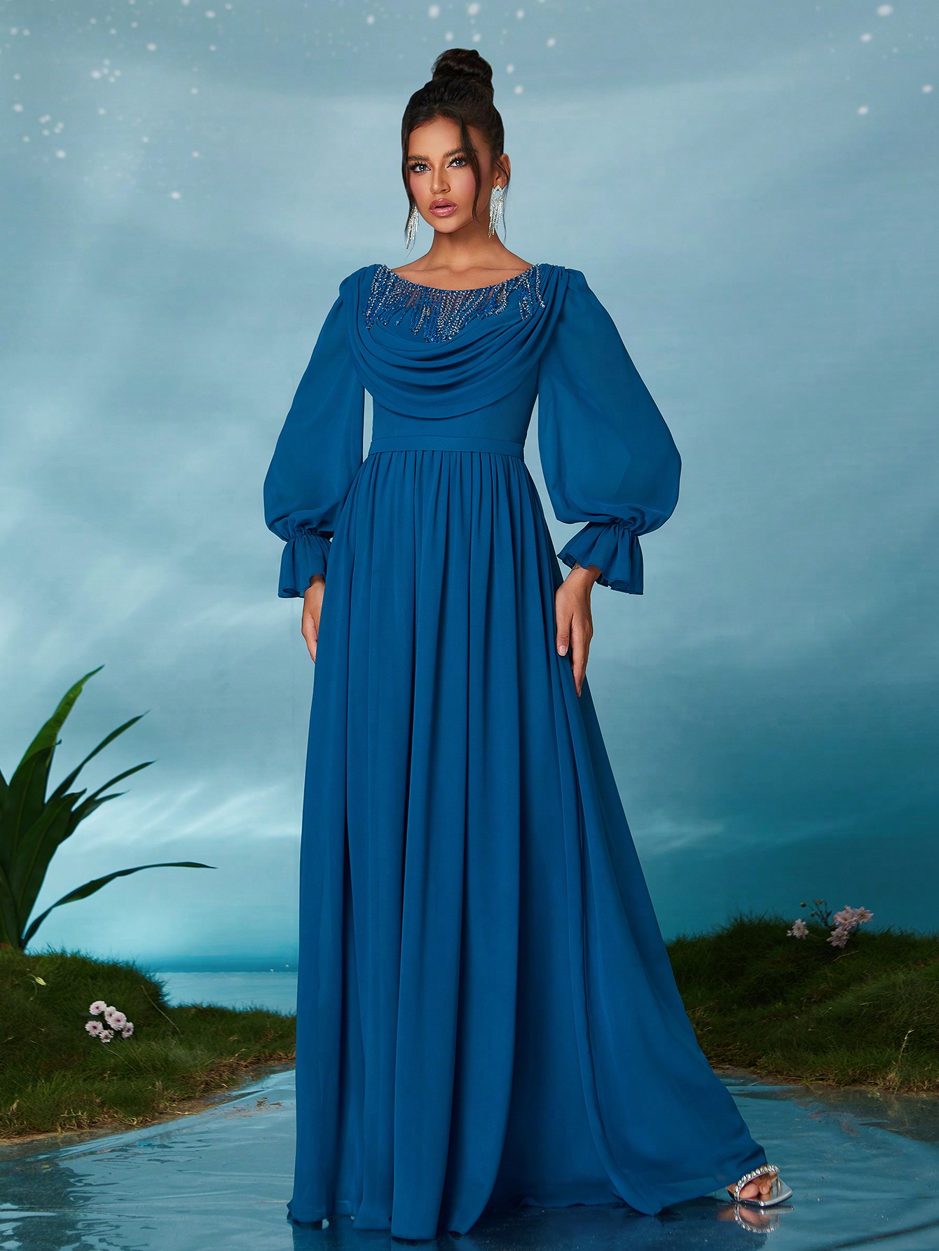 Leely Elegant Round Neck Bishop Sleeve Party Dress