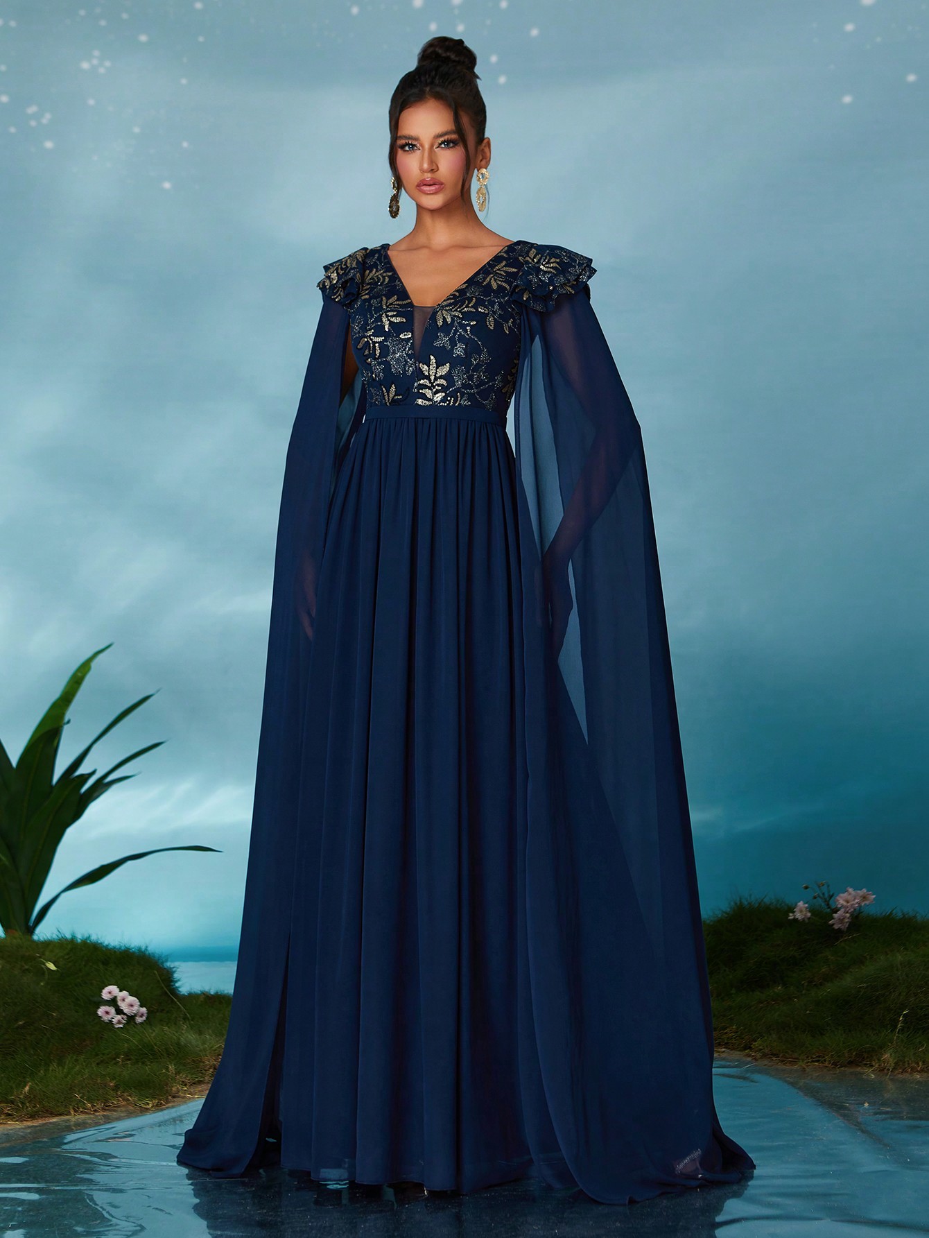 Leely Elegant V Neck Extra-Long Sleeve Party Dress