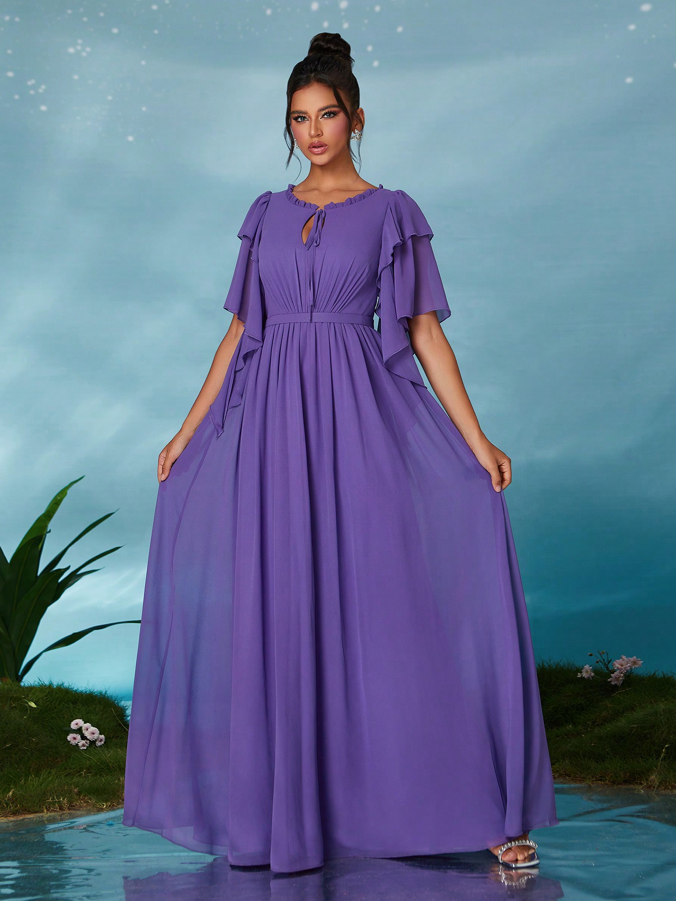 Leely Elegant Round Neck Flounce Sleeve Party Dress