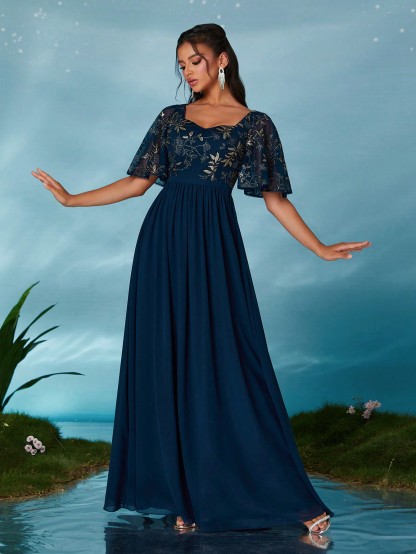 Leely Elegant Sweetheart Flounce Sleeve Party Dress