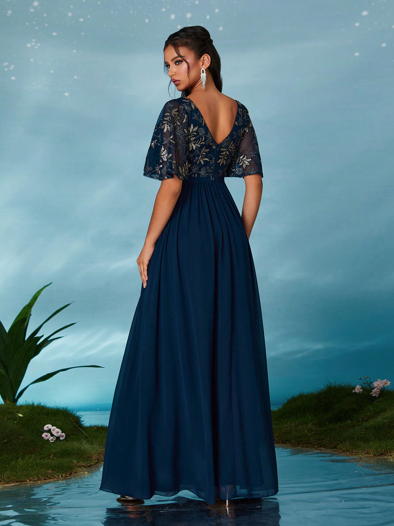 Leely Elegant Sweetheart Flounce Sleeve Party Dress