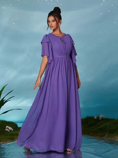 Leely Women's Elegant Sweetheart Cloak Sleeve Lace A-Line Dress