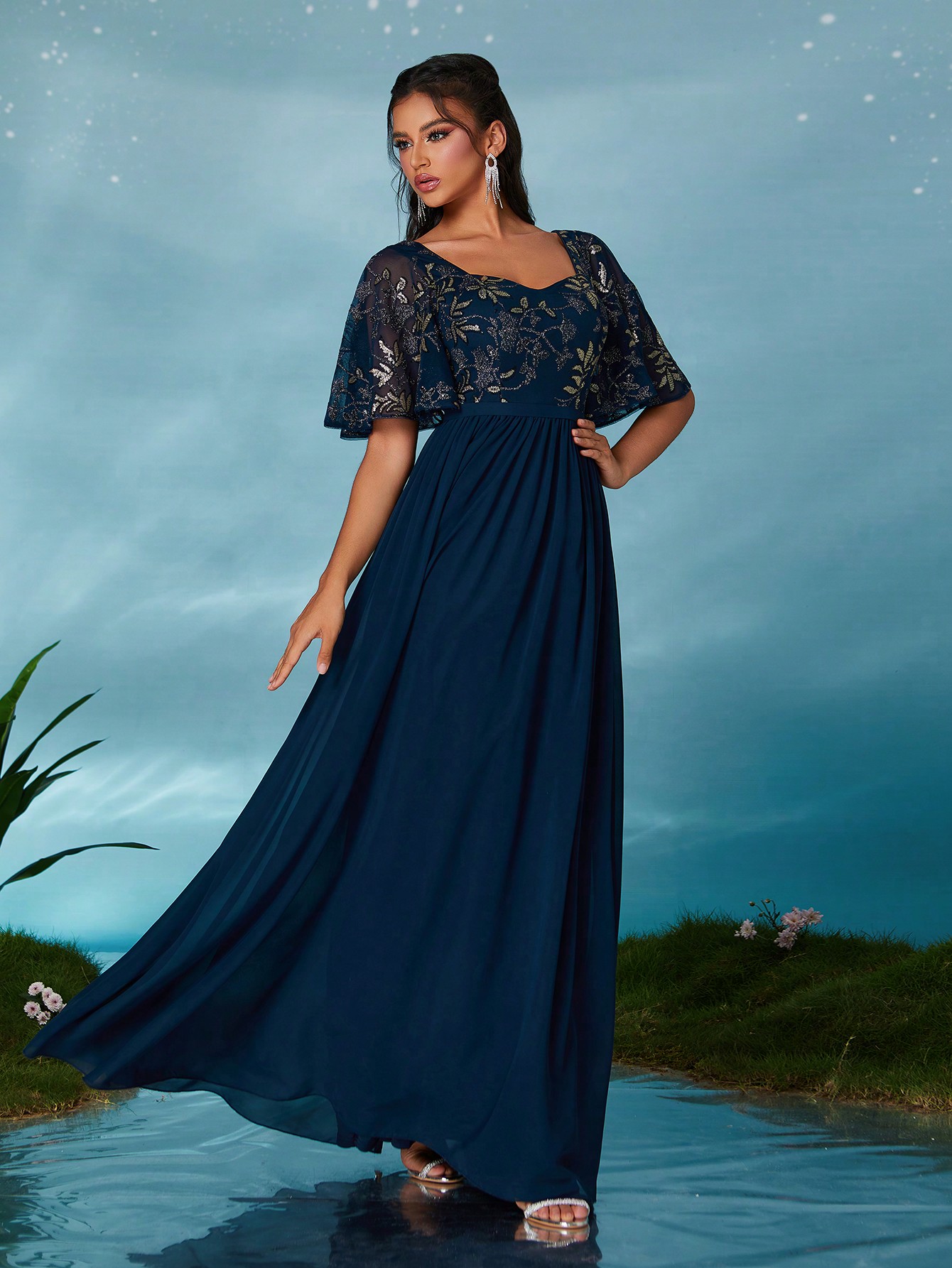 Leely Elegant Sweetheart Flounce Sleeve Party Dress