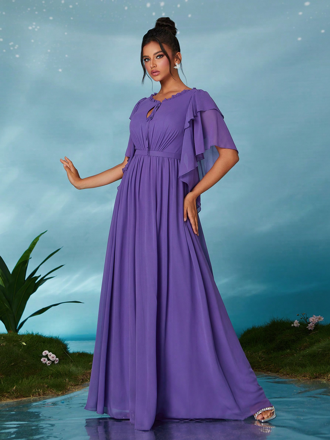 Leely Elegant Round Neck Flounce Sleeve Party Dress