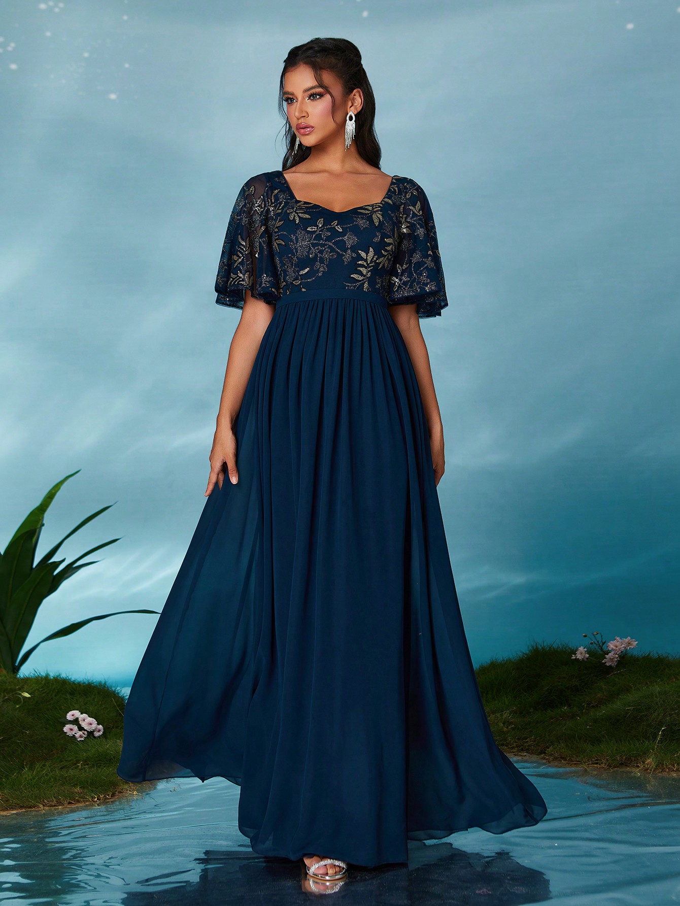Leely Elegant Sweetheart Flounce Sleeve Party Dress